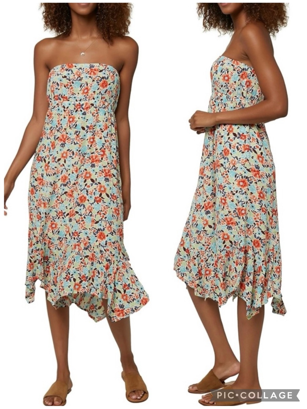 O’Neill Carolina Ditsy Floral Strapless Hankerchief Hem Midi Dress M Boho Chic